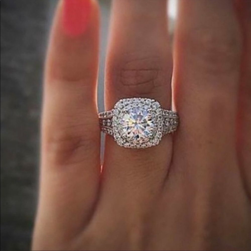 ENGAGEMENT 925 STERLING SILVER DIAMOND HALO RING - Picture 2 of 5